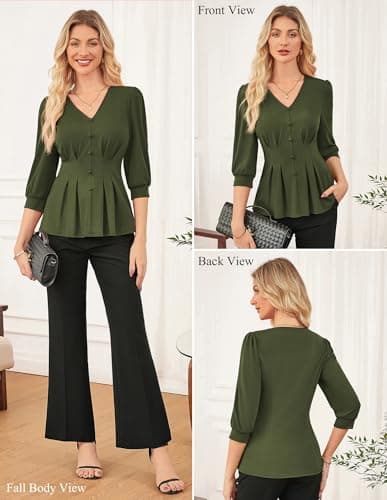 GRACE KARIN Women Business Casual Tops, 2026 Summer Trendy Dressy Blouses, 3/4 Sleeve V Neck Work Shirts Olive Green Medium - Thumbnail 2