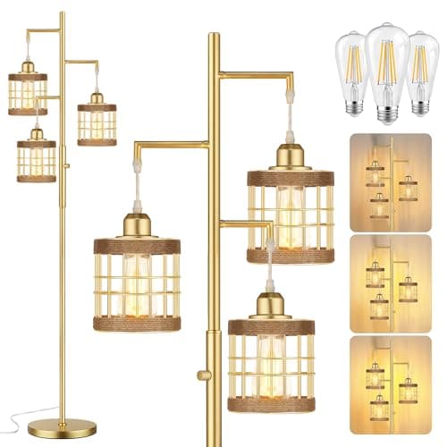 QiMH Industrial Floor Lamps for Living Room, Tree Standing Lamp with Stepless Dimmable, 68" Tall Lamps for Bedroom Study, 3 LED Bulbs Included, Gold - Image 1