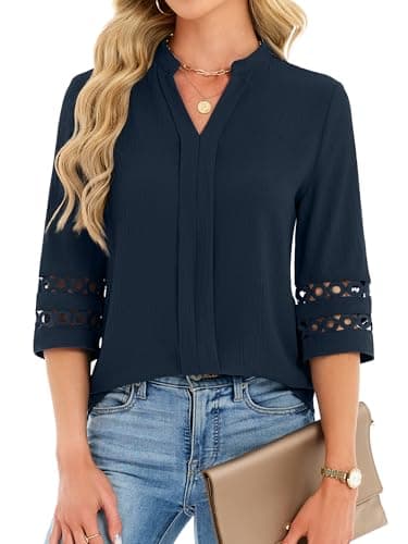 Funlingo 3/4 Length Sleeve Womens Tops V Neck Dressy Casual Blouses Lace Tunic Pleated Work Shirts Business Casual Outfits 2026 Deep Blue S - Image 1
