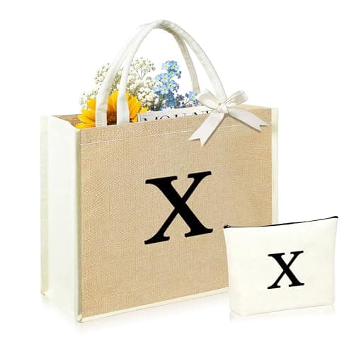 DCLOVERY Initial Canvas Tote Bag & Makeup Bag for Women Teacher Bridesmaids，Personalized Present for Wedding, Birthday, Beach (X, Flax Color) - Image 1
