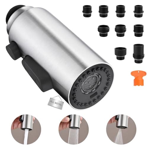 Metal Kitchen Faucet Head Replacement, 3-Function Pull Down Spray Head for Kitchen Faucet, High Pressure Sink Spray Nozzle with 9 Adapters Compatible with Most Faucets, Brushed Nickel - Image 1