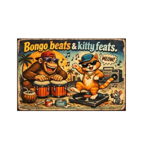 Bongo Beats and Kitty Feats Vintage Tin Sign Funny Animal Wall Decor Metal Plaque Retro Cartoon Music Cat Monkey Art Bar Garage Man Cave Home Wall 8x12 Inch Pre Drilled Holes - Image 1