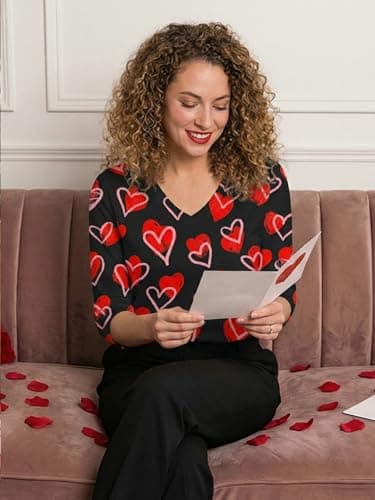Valentine 3/4 Sleeve V Neck T Shirts for Women Love Heart Graphic Tee Red Valentine's Tops Casual Spring Day Blouse - Thumbnail 4
