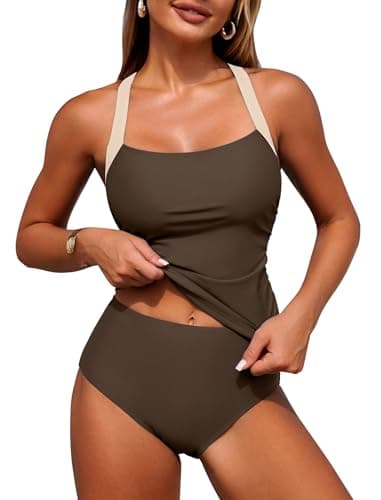 ZAFUL Women's Swimsuit Tankini Tummy Control Bathing Suits Two Piece Full Coverage Swim Suits with High Waisted Bottom Brown Beige L - Image 1