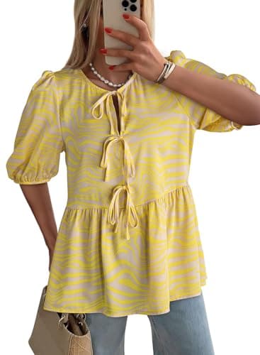 Dokotoo Shirts for Women Casual Floral Print Crew Neck Ruffle Hem Half Sleeve Cute Summer Tops for Women 2026 Womens Peplum Blouses Fashion Tie Front Boho Vacation Spring Tops Deals Yellow Medium - Image 1