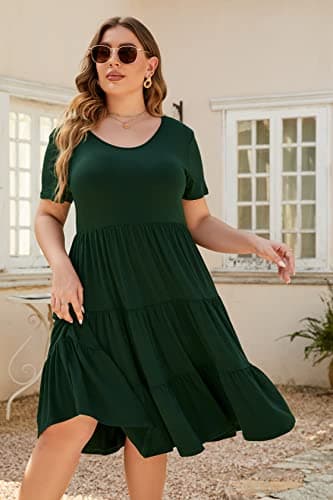 Younrui Plus Size Wedding Guest Dresses for Women Short Sleeve Scoop Neck Tiered Loose Fit Summer Casual Midi Dress (4XL-1001-Dark Green) - Thumbnail 3