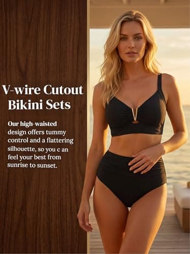 ZAFUL Womens High Waisted Bikini Sets Tummy Control Bathing Suits Two Piece Push Up Full Coverage Bikini Swimsuits Swim Resort Wear 2026 Black X-Large - Thumbnail 6