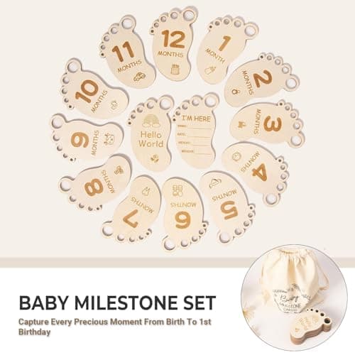 DegoCyhton Monthly Milestone Signs, Wooden baby monthly milestone Cards, Birth Announcement Sign for New Baby, Hello World Newborn Sign, 0-12 Months Newborn Photo Prop, with Drawstring Canvas Bag - Thumbnail 2