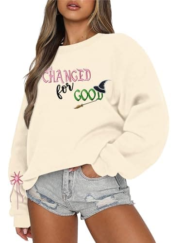 KIMSOONG Musical Movie Sweatshirt for Women: Changed for Good Embroidered Long Sleeve Crewneck Loose Pullover Top Apricot - Image 1
