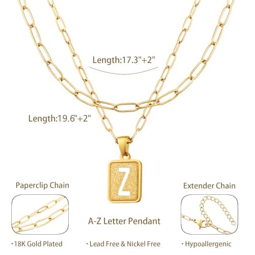 LETFLY Initial Gold Necklaces for Women, 18K Gold Plated Letter Layering Necklace Square Shaped Pendant with Adjustable Paperclip Chain for Womens Jewelry Gifts Alphabets Z - Thumbnail 4
