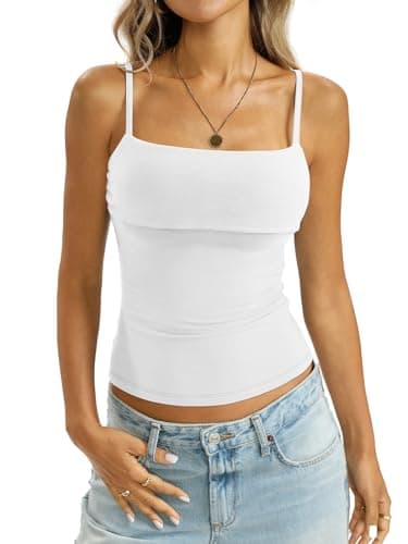 EasyGala Womens Cotton Foldover Tank Tops Sexy Square Neck Spaghetti Strap Cami Basic Summer Low Cut Camisole Fitted Y2K Trendy Going Out Shirts 2026 Ture White X-Large - Image 1