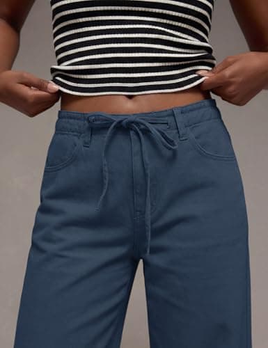Rapbin Denim Blue Wide Leg Pants for Women Comfy Belt Loops Drawstring Soft Twill Trousers for Daily Street Casual Outfits - Thumbnail 2