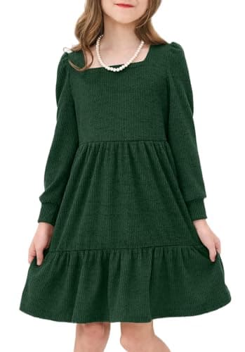 JiAmy Little Girls Dresses Kids Long Sleeve Square Neck Knit Sweater Winter Casual Midi Dress with Pocket Dark Green 5-6 Years - Image 1