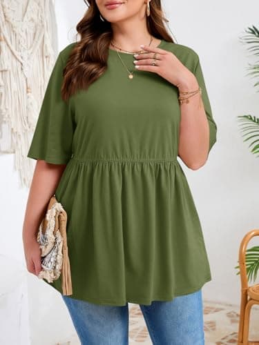 Beautife Womens Plus Size Summer Babydoll Tops Short Sleeve Crew Neck T Shirts Peplum Casual Loose Fit Blouse Army Green - Thumbnail 3