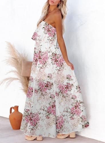 Dokotoo Women Floral Print Maxi Dress Strapless High Waist Side Split Beach Vacation Clothes Flowy Off The Shoulder Beach Dresses Casual Spring Dresses for Women 2026 - Thumbnail 3