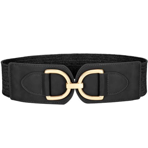 VONMELLI Straw Woven Elastic Belt for Women Dress, Stretchy Boho Braided Belt Wide Raffia Black Waist Belts, XL - Image 1