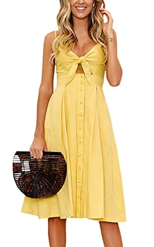 ECOWISH Women 2024 Summer Dresses Tie Front V-Neck Spaghetti Strap Button Down A-Line Backless Swing Midi Dress 572 Yellow M - Image 1