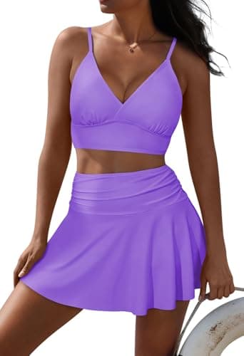Pink Queen Women's High Waisted Bikini Set Two Piece Swimsuit V Neck Spaghetti Straps Swim Skirt Bathing Suit Purple S - Image 1