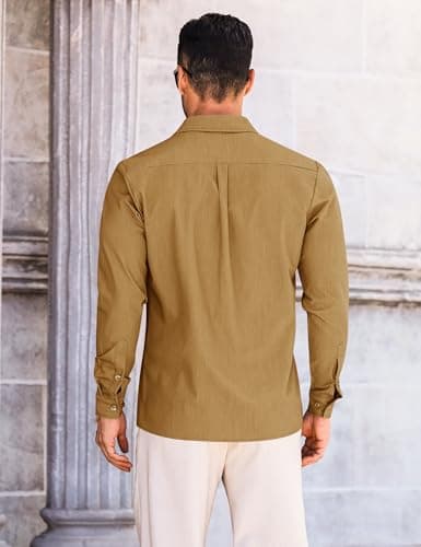 LETSEE Men's Button Down Dress Shirt Long Sleeve Untucked Business Casual Shirt Wrinkle Free Stretch Denim Texture - Thumbnail 4