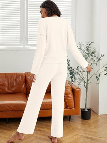 NORACORA Womens 2 Piece Fuzzy Fleece Pajamas Lounge Sets Long Sleeve V Neck Fluffy Pjs Matching Loungewear Off-white - Thumbnail 4