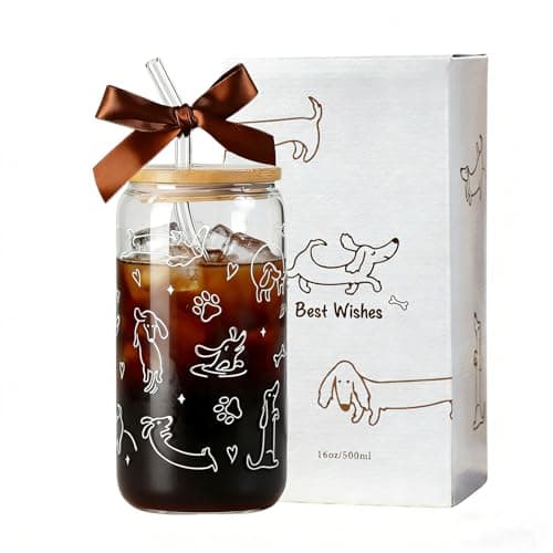 Dachshund Gift for Women, Funny Wiener Dog Gifts Glass Cup with Lid & Straw Coffee & Smoothie Tumbler for Weenie Lovers Dog Owners Pet Moms Wife teens Friend Sister for Mother’s Day Birthday - Image 1