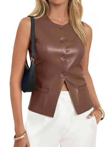 Tankaneo Womens Faux Leather Vest Tops Business Casual Button Down PU Suit Blazer Sleeveless Fitted Waistcoat - Image 1