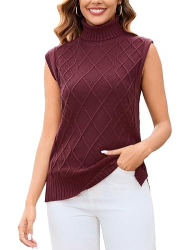 Totatuit Women Vintage Sleeveless Turtle Neck Knit Sweater Vest Cap Sleeve Loose Fit Trendy Casual Tank Top(Wine Red, Large) - Image 1