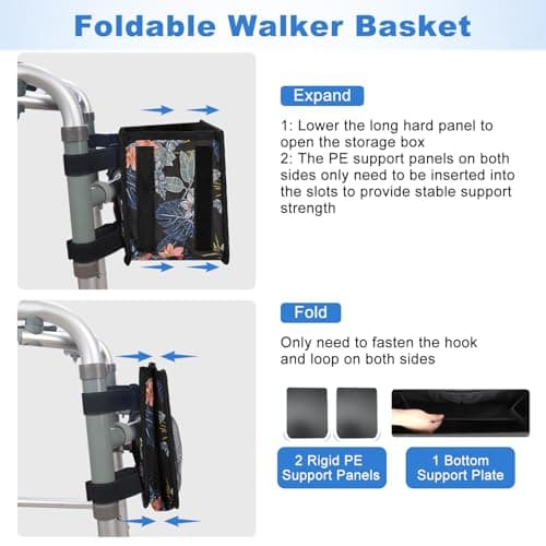 supregear Walker Basket, Foldable Walker Bag with Cup Holder, Storage Pouch with Large Capacity and Never Tipping Over, Hand-Free for Seniors Elderly, Not Fit for Rollator, Floral Black - Thumbnail 2
