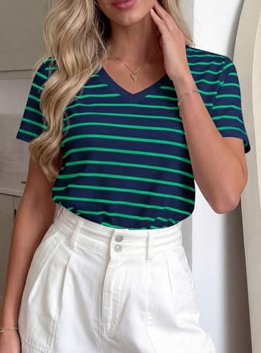 PRETTYGARDEN Short Sleeve Shirts for Women 2026 Spring V Neck Cute Tops Casual Striped Shirt Knitted Tees Summer Outfits (Striped Blue Green,XX-Large) - Thumbnail 5