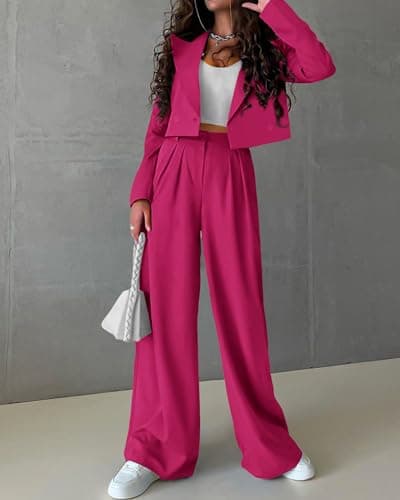 KIRUNDO Fall Sets Women 2 Piece Outfits Business Casual Cropped Blazer and Wide Leg Pants Suit Sets Work Clothes(Rose Red, Medium) - Thumbnail 3