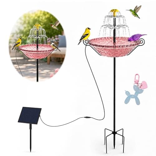 Bird Bath for Outside with Solar Fountain, Plastic Bowl on Metal Stake and Ground Stand, Freestanding Garden Accent for Yard and Patio (Pink(L))