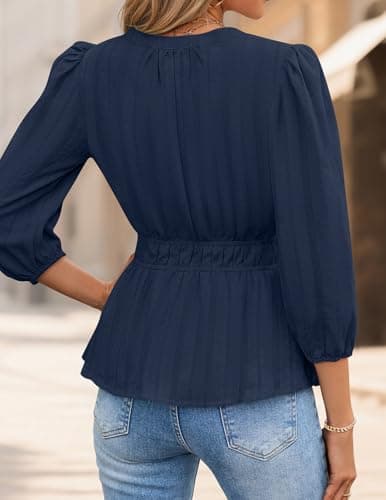 ZESICA Women's 2026 Fall Babydoll Peplum Tops V Neck Puff 3/4 Length Sleeve Shirts Dressy Casual Blouses,Navy,Medium - Thumbnail 4