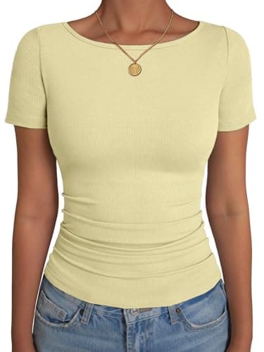 GKBK Boat Neck Tops for Women Ribbed Short Sleeve T-Shirts Slim Fitted Tight Compression Top Soft Y2K Basic Casual Going Out Tops for Spring Summer 2026 Trendy Fashion Outfits Light Yellow - Image 1