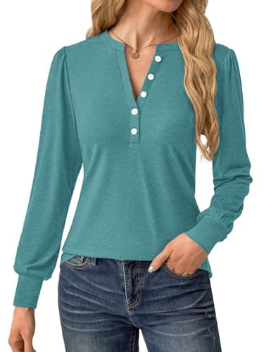 GKBK Women's Puff Long Sleeve Tunic V Neck Button Blouses Fall Tops Trendy Dressy Casual Business Henley Shirts Cyan M - Thumbnail 4