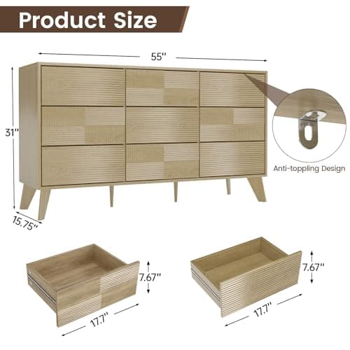 Hadulcet Wooden Dresser for Bedroom, Mid Century Modern 55” Wide Fluted 9 Drawers Dresser Storage Clothes for Closet Organizer, Handleless Design, Push to Open, Natural Oak - Thumbnail 2