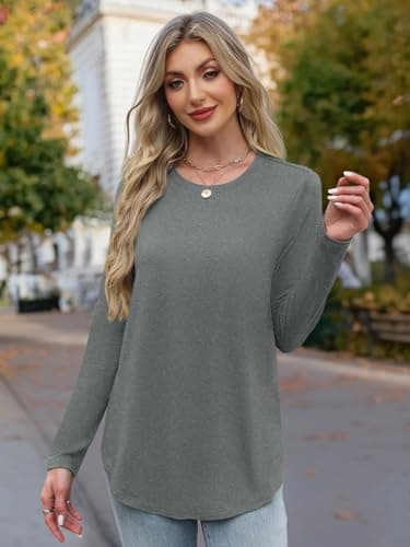 JUSTFASHIONNOW Long Sleeve Shirts for Women Tunic Tops To Wear With Leggings Crew Neck Dressy Casual Blouses Flowy Tops Trendy Fall (Grey, Medium) - Thumbnail 4