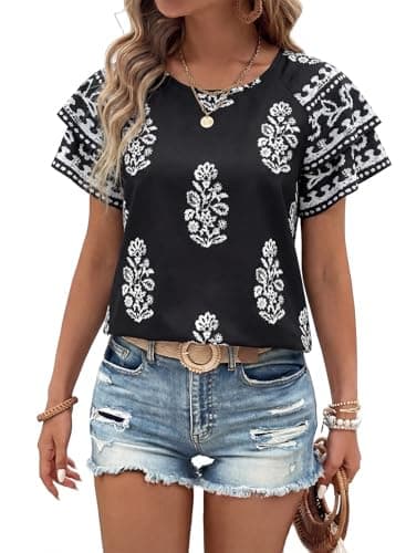 BLENCOT Womens Summer Tops Boho Floral Printed Ruffle Sleeve Crew Neck Flowy Chiffon Blouse Shirts Office Dressy Casual Tunic Hawaiian Vacation Top Medium Black - Image 1