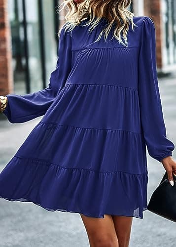KIRUNDO Long Sleeve Baby Doll Dresses Women 2026 Casual Spring Summer Ruffle Mock Neck Tiered Mini Flowy Swing Shift Dress(Blue, Large) - Thumbnail 6
