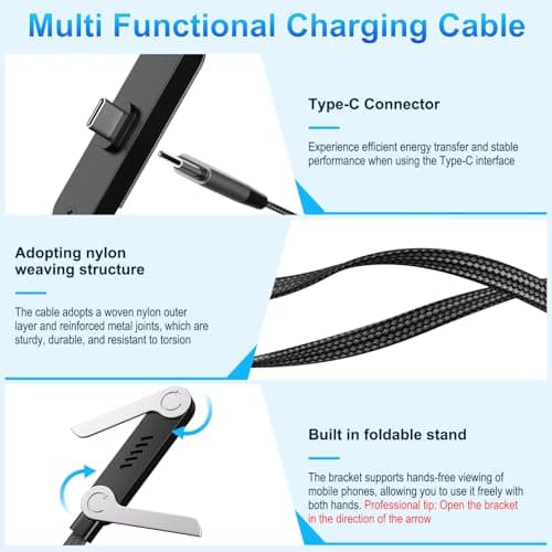 240W Braided Fast Charge Cable with Built-in Phone Stand, 2026 New Invisible Stand Charging Cable, 4.92ft T-shaped Foldable Furable USB-C Cord 90 Degree Right Angle USB C Cable, Type C to Type C (1) - Thumbnail 5