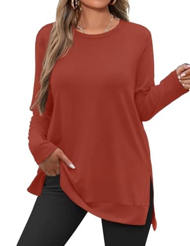 JUSTFASHIONNOW Womens Long Sleeve Tunic Tops to Wear with Leggings Crew Neck Side Split Layering Shirts Loose Fit Long Tops Caramel - Image 1