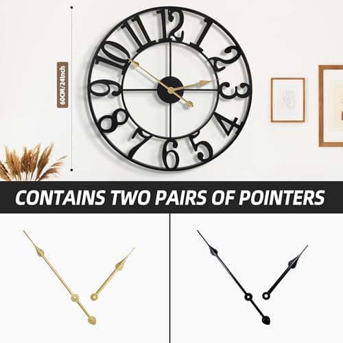 HAITANG Large Wall Clock for Living Room Decor, 24 Inch Black Metal Silent Non Ticking Battery Operated Modern Vintage Decorative Clock for Bedroom - Thumbnail 3