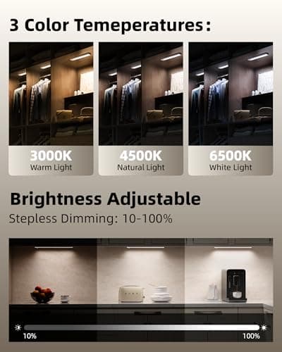 AMETHEUS 4Pack 12inch Under Cabinet Lighting with Remote, 2400mAh USB Rechargeable Battery LED Lights, Smart Motion Sensor Wireless Indoor, Dimmable 3 Color Temps Closet Light for Kitchen, Stairs - Thumbnail 6