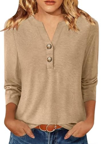 GKBK Womens Tops 3/4 Length Sleeve V Neck Button Down Short Sleeve Shirts Business Casual Basic Tees Summer Fashion 2026 Dressy Casual Going Out Blouses Trendy Outfits Khaki M - Image 1