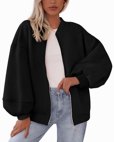 KIRUNDO Oversized Sweatshirt for Women Zip Up Bomber Jacket 2026 Fall Fashion Casual Long Sleeve Outerwear Winter Outfits(Black, X-Large) - Image 1