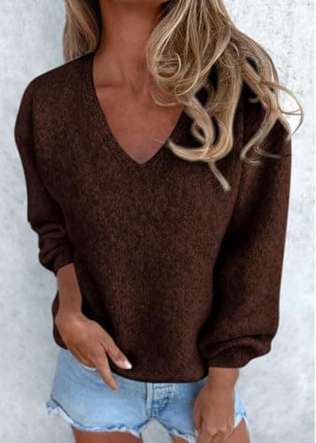 KIRUNDO Sweaters for Women Fall 2026 Oversized V Neck Cozy Cute Casual Long Sleeve Knit Pullover Trendy Winter Clothing(Brown, Large) - Thumbnail 4