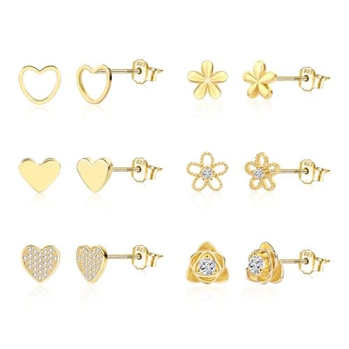 ALEXCRAFT Small Gold Stud Earrings for Women Cubic Zirconia Earring Studs Cute 14k Gold Plated Heart Flower Earing Pack 6 Pairs