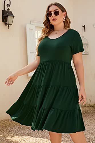 Younrui Plus Size Wedding Guest Dresses for Women Short Sleeve Scoop Neck Tiered Loose Fit Summer Casual Midi Dress (4XL-1001-Dark Green) - Thumbnail 4