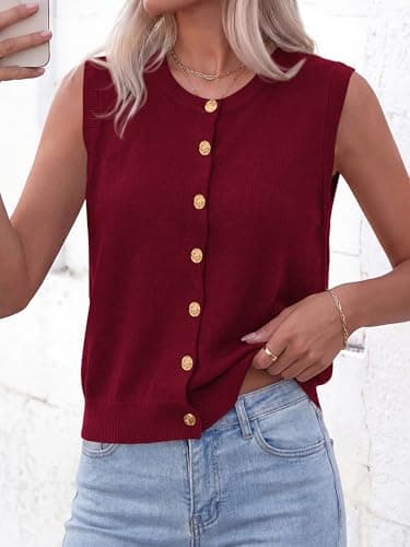 BTFBM Sweater Vest Women Casual Crewneck Loose Button Down Knit Sleeveless Cardigan 2026 Spring Clothes Summer Vest Tops(Burgundy, Small) - Thumbnail 4