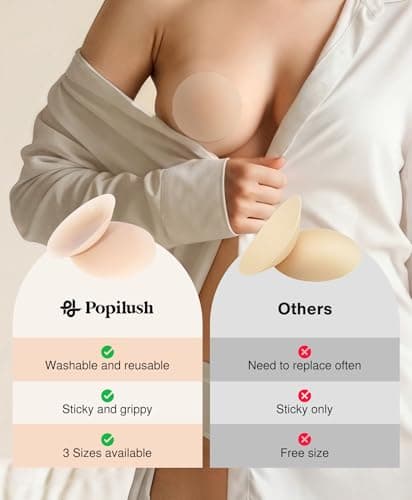 Popilush Nipple Covers for Women - Sticky Bra Reusable Silicone Pasties Waterproof with Travel Case Crème - Thumbnail 4