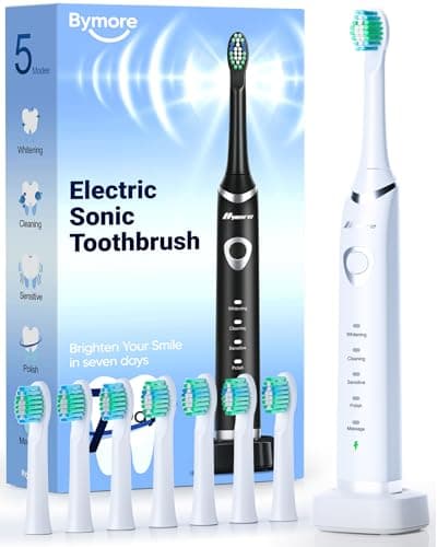 Bymore Electric Toothbrush for Adults,Travel Sonic Toothbrush Set with 8 Replacement Heads, Deep Clean Rechargeable Toothbrush One Charge for 70days 5 Modes 2mins Timer-Bright White - Image 1